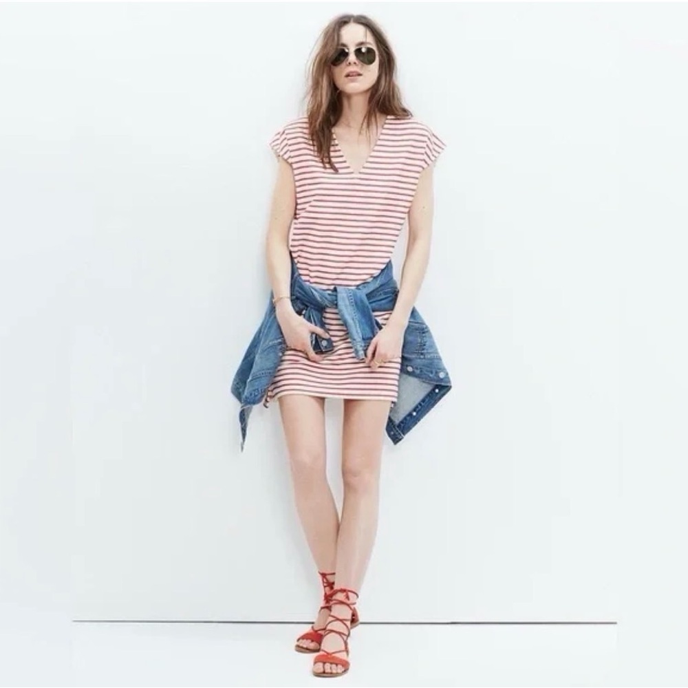 J.CREW Red Striped V-neck Boxy Fit Cap-Sleeve Mini Dress, Small